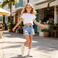 thumbnail image 6 of Girls Snow Washed Distressed Denim Shorts, Elastic High Waist Frayed Raw Hem Ripped Jean Shorts, Vintage Destroyed Summer Casual Kids Bottoms for Daily Wear(Light Blue,8-9 Years), 6 of 9