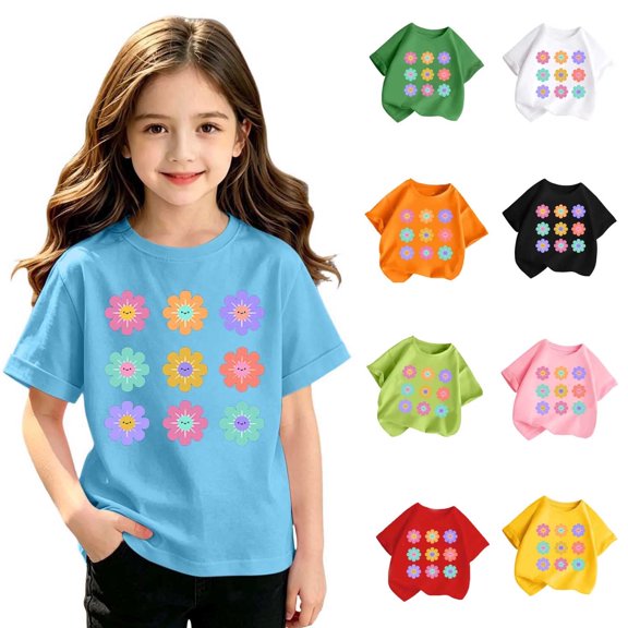 Vornjynx Girls Graphic T-Shirt Round Neck Short Sleeve Cotton Soft Summer Casual Fashion Tee Light Blue Size 6