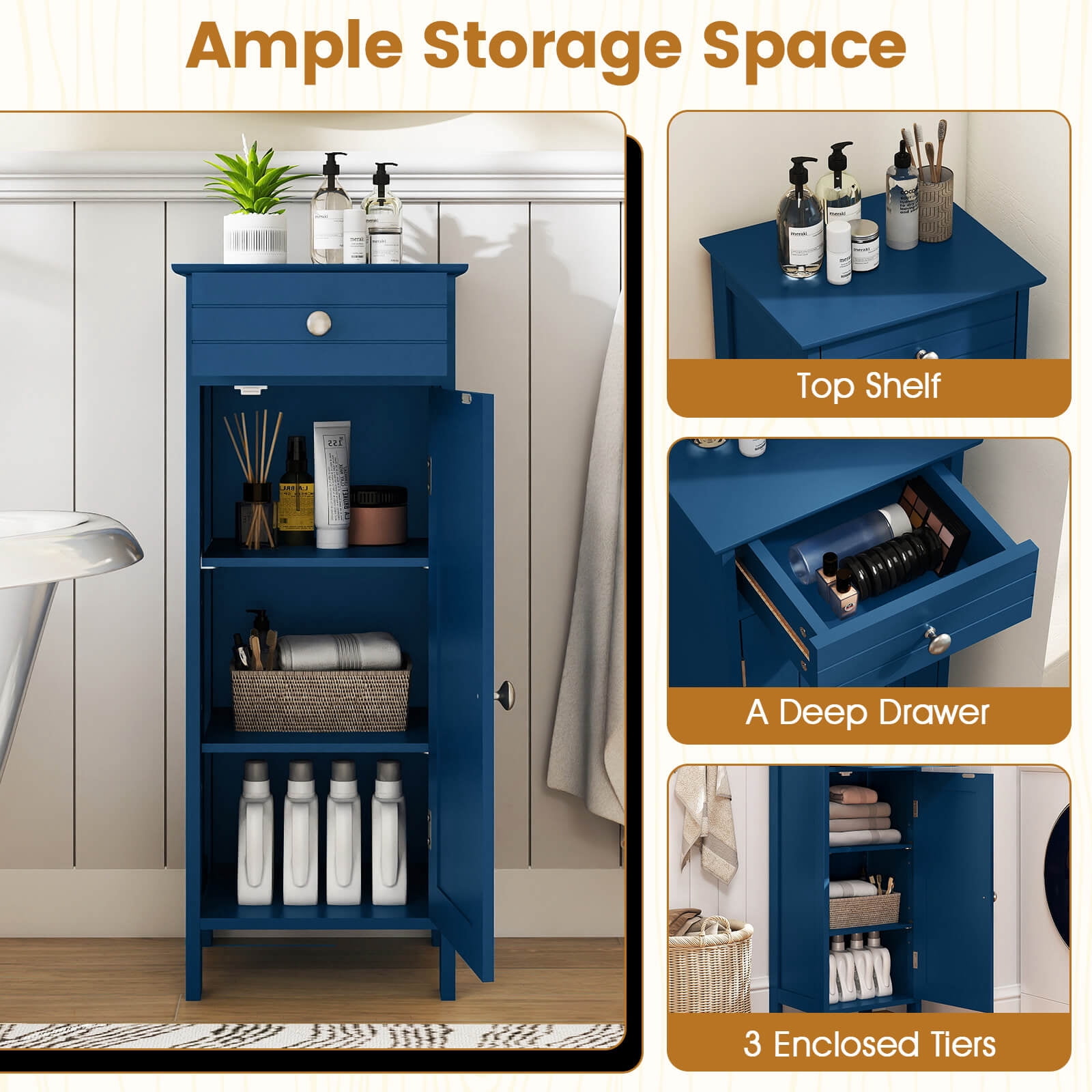 Costway Bathroom Floor Cabinet Storage Organizer Free-Standing with Drawer Gray Blue