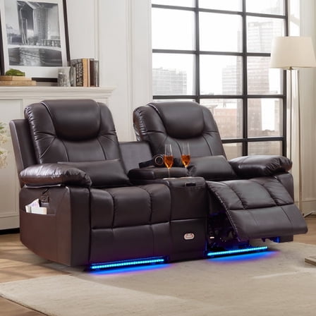 IPKIG Power Reclining Loveseat Sofa with Console, LED Lights, USB Charger & Cup Holders for Home Theater Living Room, 2-Seater Electric Recliner, Faux Leather Brown