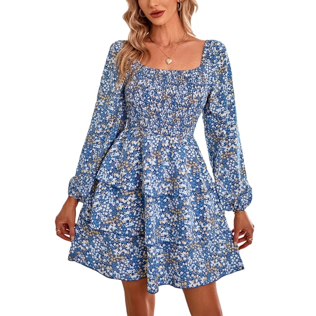 Lucakuins, minivestido de verano para mujer, estampado Floral, cuello cuadrado, manga larga, volantes, pastel, primavera otoño, vestido informal Lucakuins moda