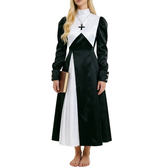 Karymi Womens Dresses Gothic Satin Nun Dress, High Neck White Collar Cross Decor Lantern Sleeve Side Pleated Split A-Line Long Dress