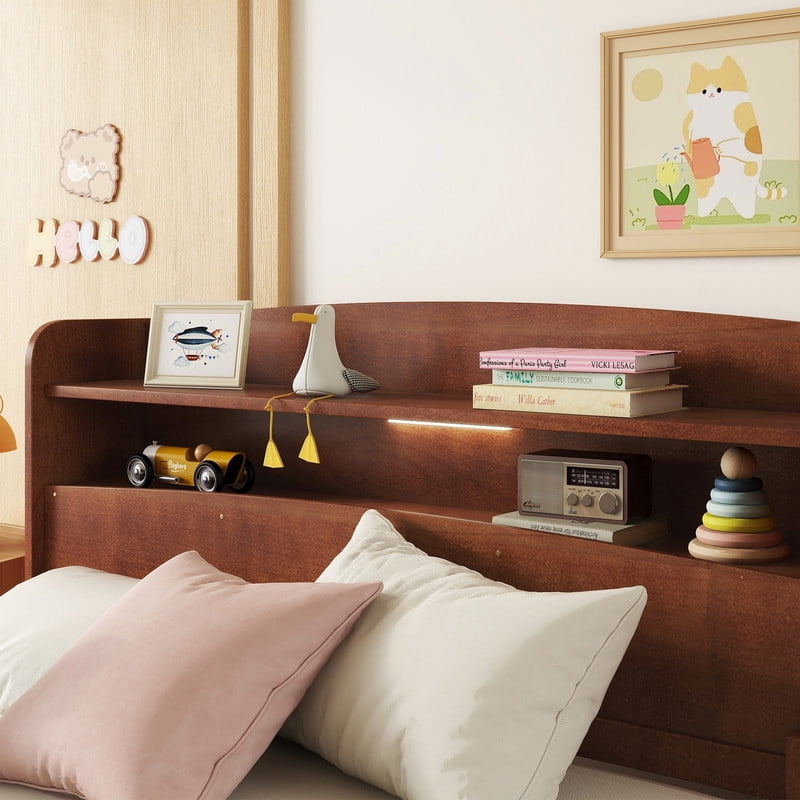 Full Size Bed Frame with Storage , Wood Full Bed with LED Lights and Storage Headboard, Full Size Platform Bed with Slats Support ,No Box Spring Needed, Walnut