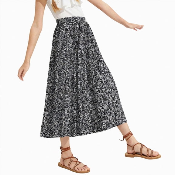 mgoYE Girls Floral Maxi Skirt Boho Flowy A-Line Summer Midi Skirt with Elastic Waist Size 11-12 Years Black