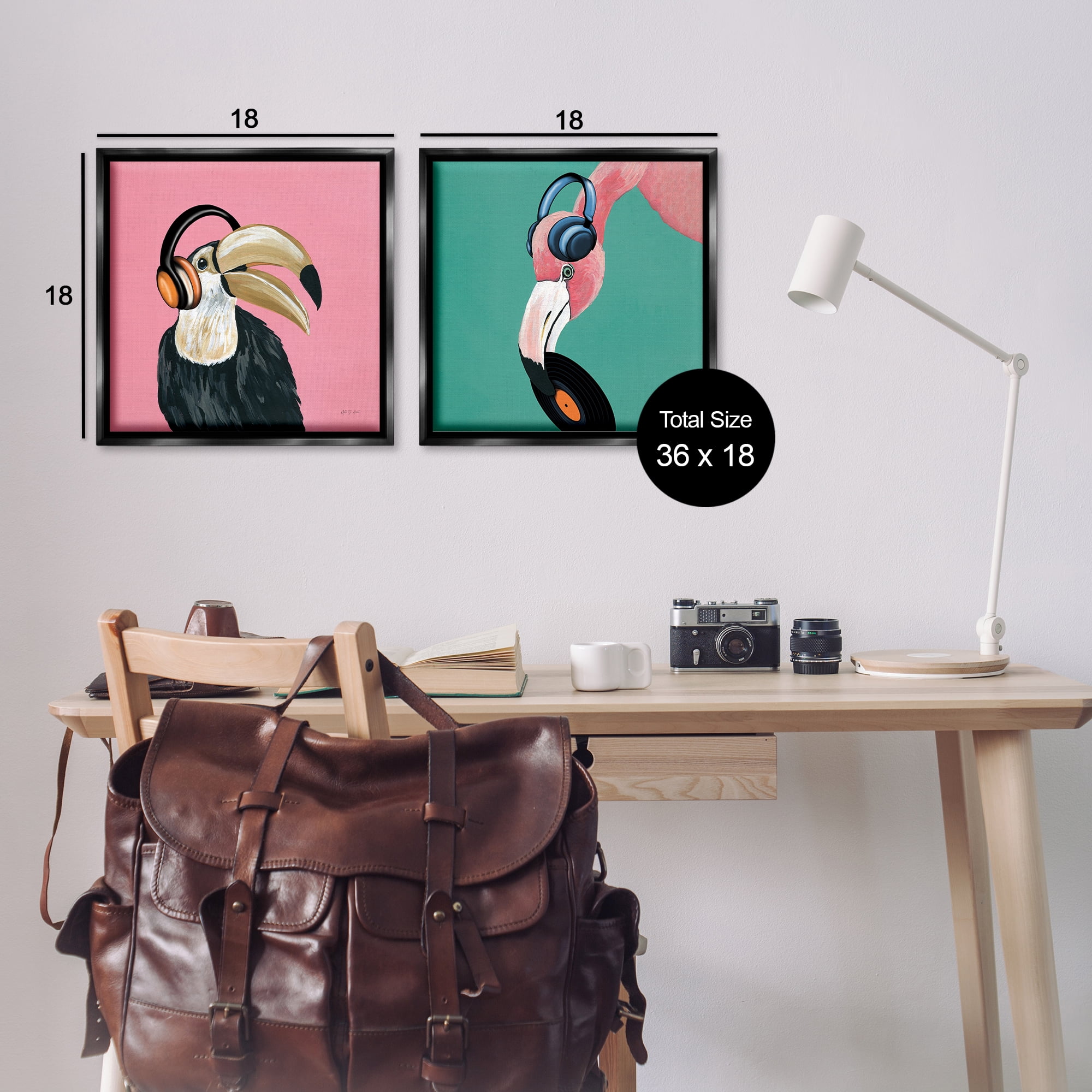 Stupell Industries Toucan and Flamingo Musical Pals Animals Painting Black Floater Framed Canvas Art Print Wall Art, 18 x 18, Set of 2