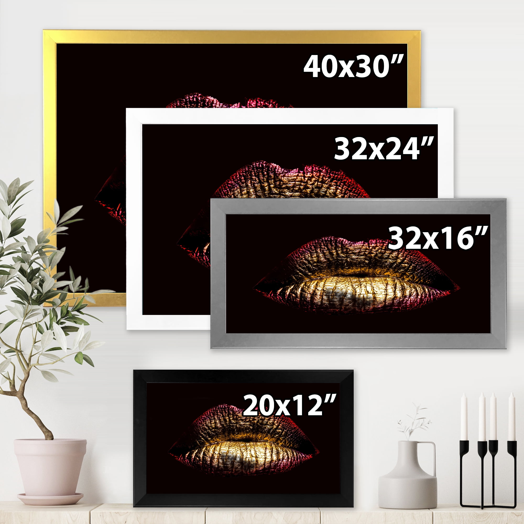 Designart 'Sexy Golden Metallized Woman Lips IV' Modern Framed Art Print