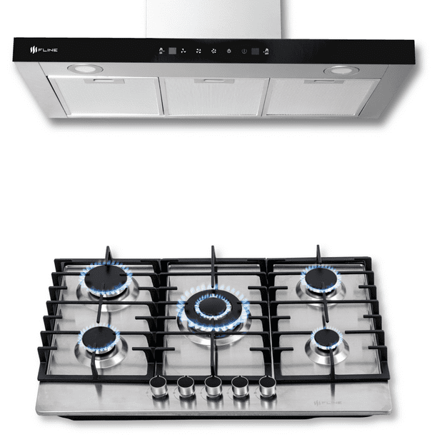 FLINE | Combo parrilla de gas y campana extractora 80 cm | Pared Tipo T | Acero Inox |MA5HA80