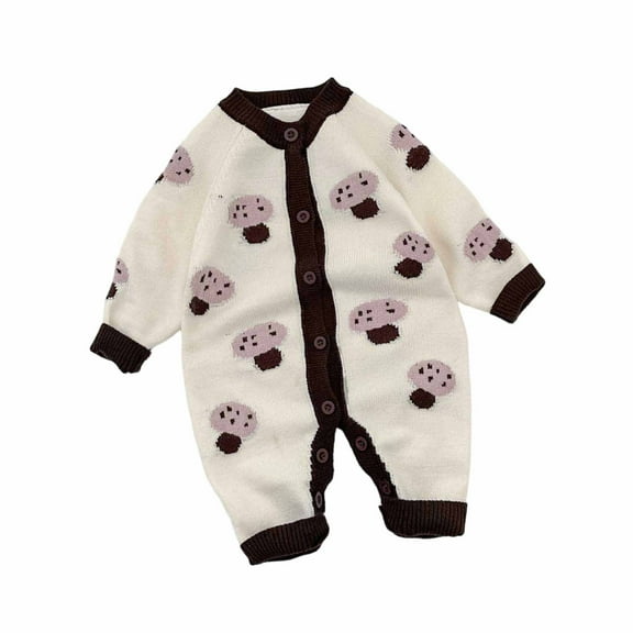 FINALGANG Baby Boy Girl Romper Cute Panda Prints Knitted Jumpsuit Long Sleeve Crewneck Buttoned Bodysuit For Casual Daily Wear Trendy Onesie