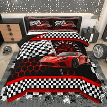 Manfei Red Racing Car Bedding Comforter Set for Boys, Modern Checkered Flag Twin Comforter Sets, Fashion Honeycomb Reversible Bedding Set, Luxury Bedroom Decor, 2 Pieces