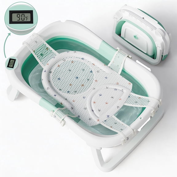 Tumajup Collapsible Baby Bathtub with Soft Bath Cushion&Thermometer Gray