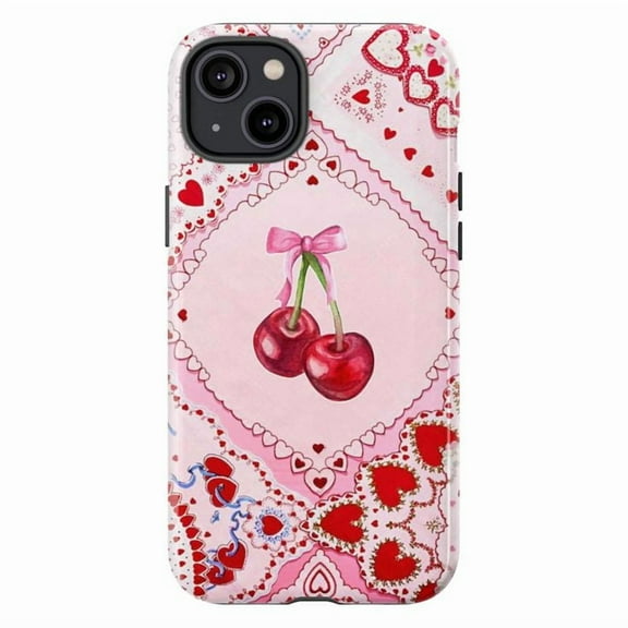 Pink Cherry & Bow Heart Pattern Phone Case, Romantic Aesthetic Art Cover, Protective Case for iPhone 17 16 15 14 13 12 11 Plus Pro Max Mini