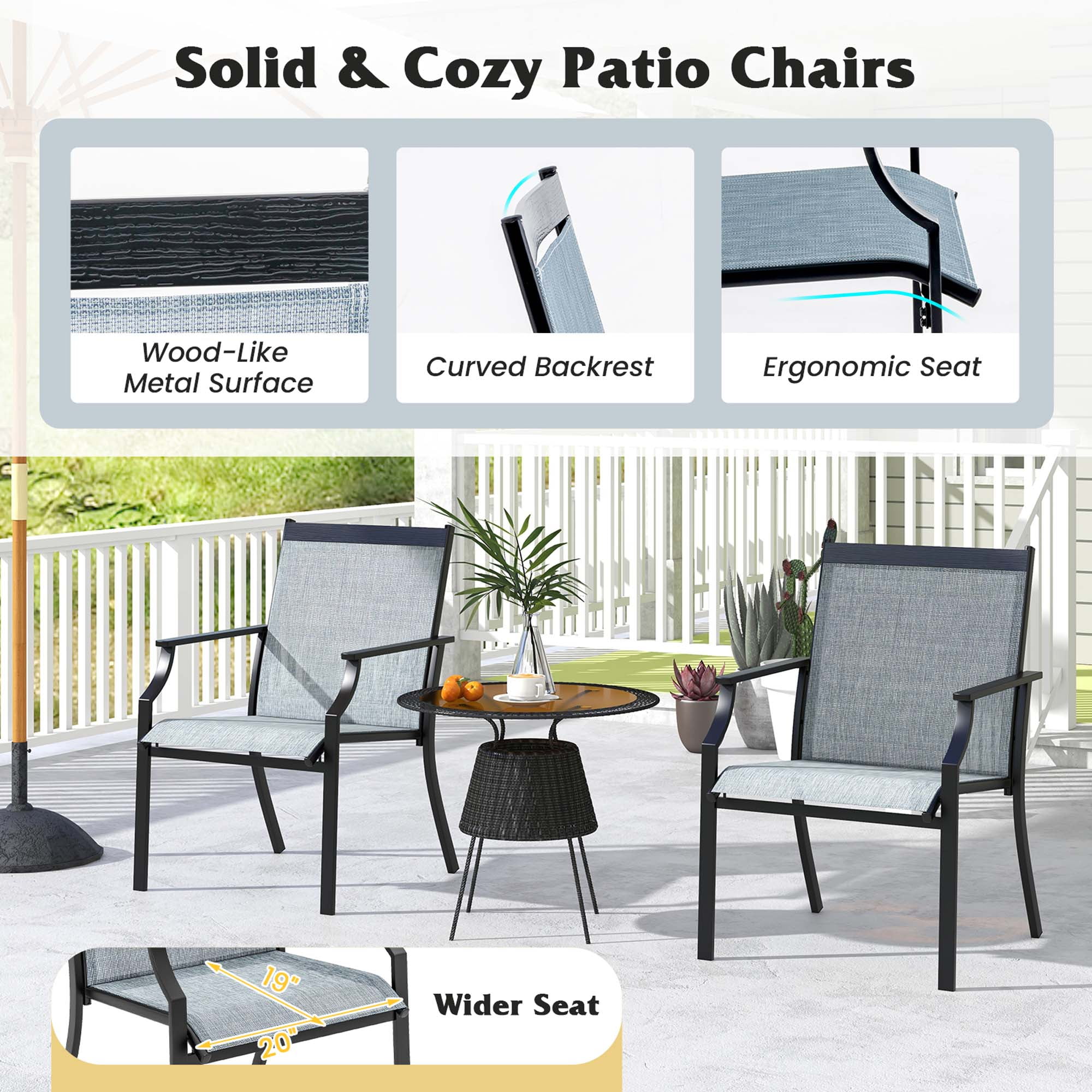 Costway 2 Piece Patio Dining Chairs Large Outdoor Chairs with Breathable Seat & Metal Frame Blue/Coffee/Grey/Red