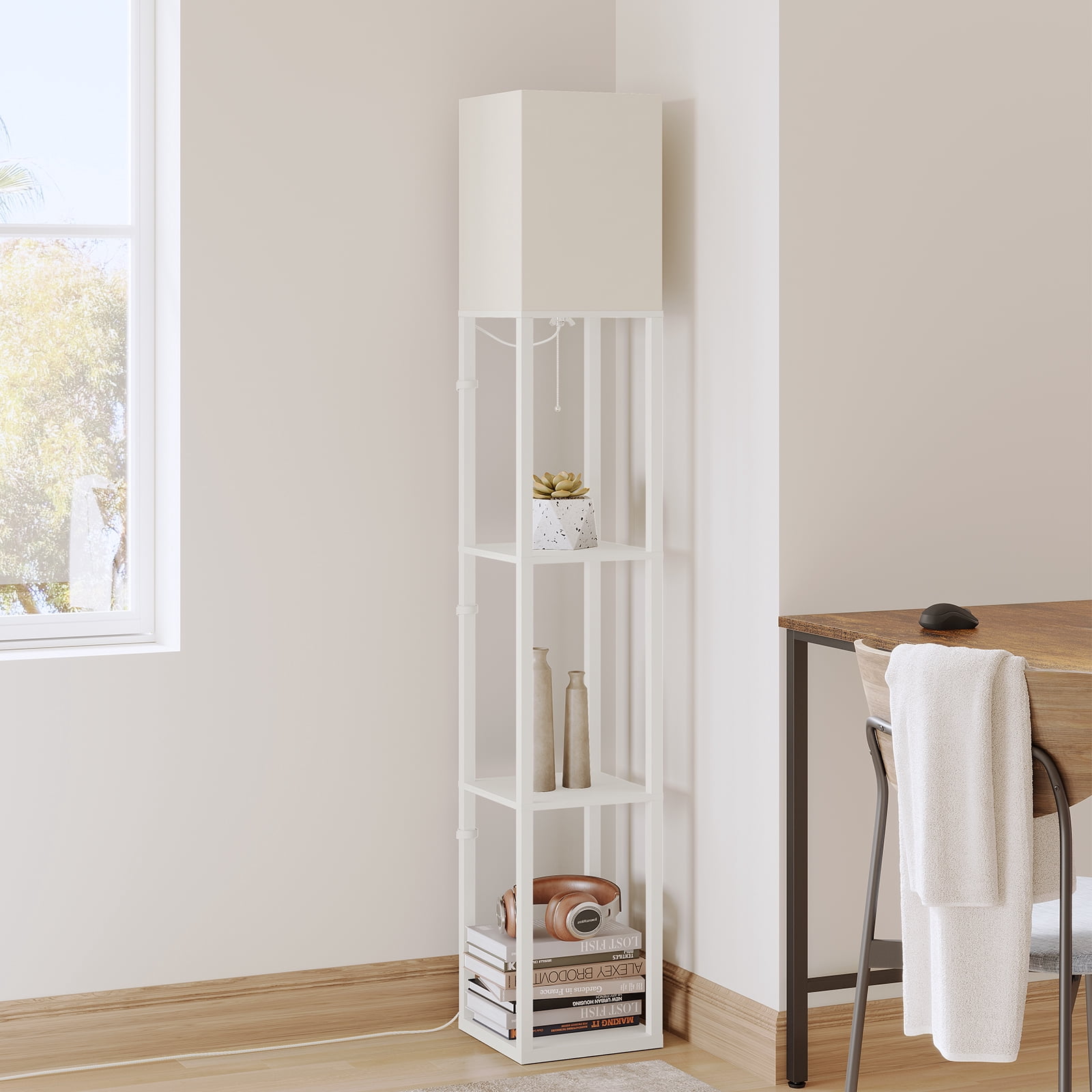 SUNMORY 63'' White Floor Lamp with Shelves, LED Standing Lamp 1000 Lumens, Shelf Floor Lamp for Living Room, Modern Lamp for Bedroom, Lamp with Storage Dustproof, Standing Light, UL Certified, White