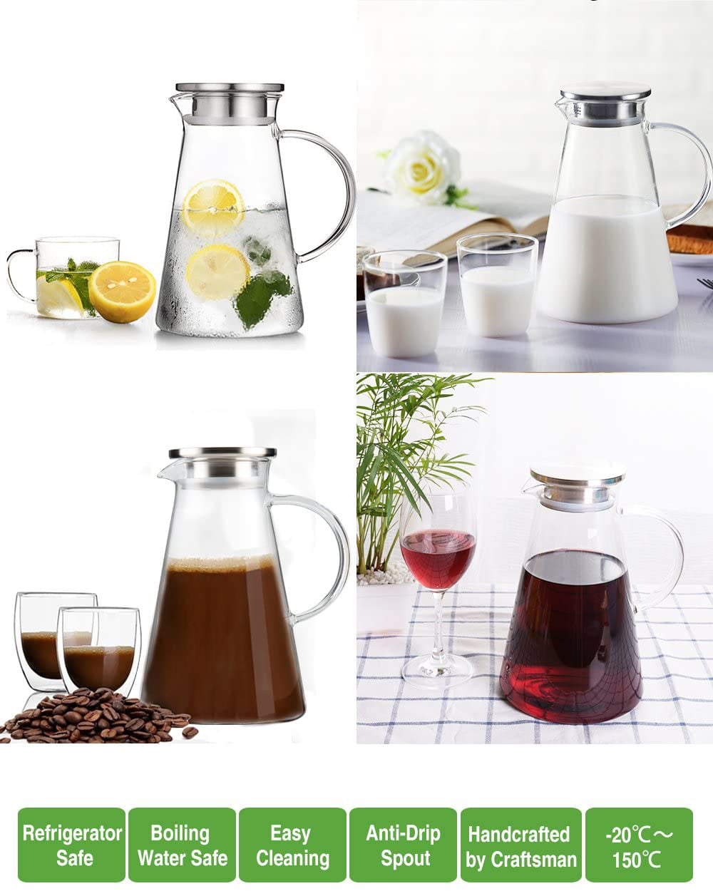 1.5 Liter 51 oz Glass Pitcher with Lid, Glass Water Pitcher for Fridge, Glass Carafe for Hot/Cold Water, Iced Tea Pitcher, Large Pitcher for Coffee, J