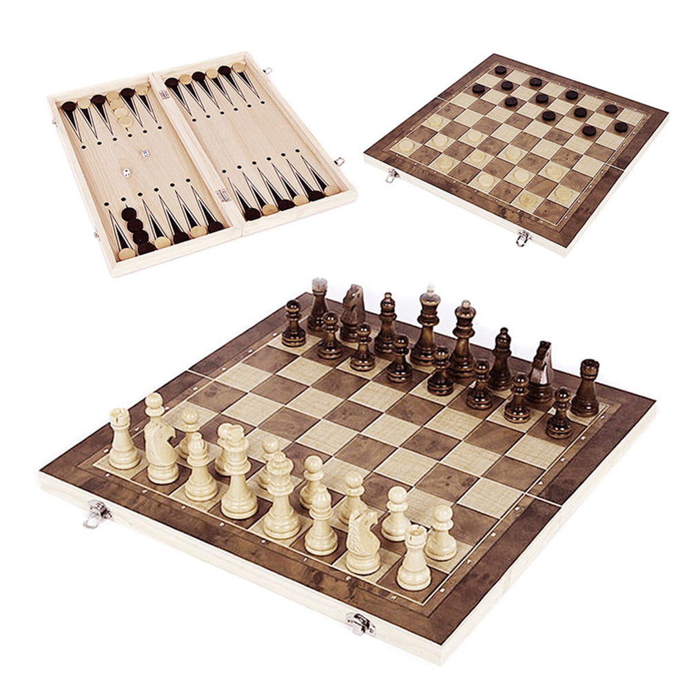 3 in 1 Folding Wooden Chess Set Board Games Checkers Backgammon Draughts Games 
