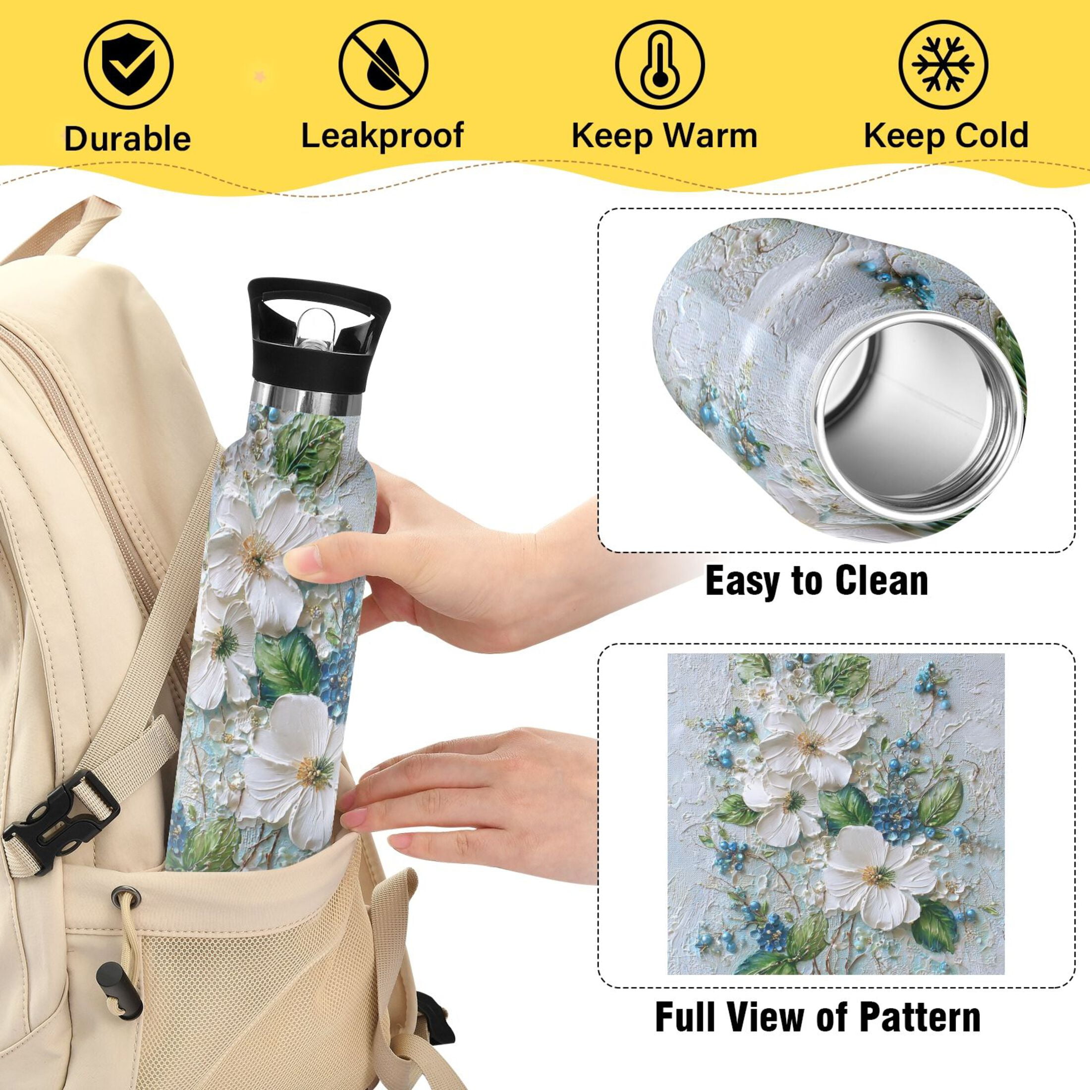 600ML Stainless Steel Insulated Cup Sports Water Bottle Portable Thermos Cup Water Glasses Insulated Tumblers Convenient and Durable White Flowers