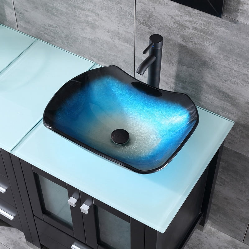 Walsport 36" Luxurious Bathroom Vanity with Sink Combo Cabinet Blue Tempered Glass Vessel Sink Bowl Faucet Drain Combo,Black