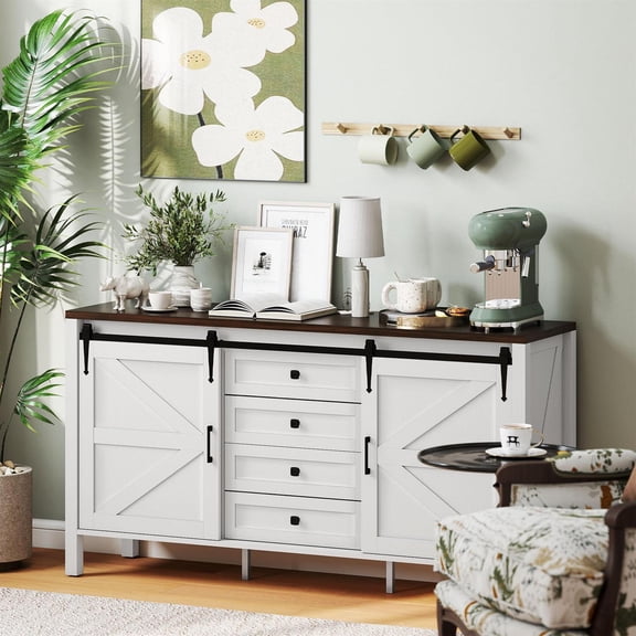 Demi Bonn 59" Buffet Cabinet, Farmhouse Sideboard with Thick Top, 2 Barn Doors, 4 Drawers and 2 Adjustable Shelves for Dining Room, Entryway, White