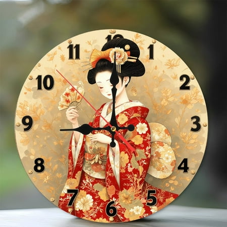 Japanese Geisha Floral Wall Clock 10-Inch Silent Wooden Wall Clock, Battery Operated (AA Batteries Not Included), Artistic Home Decor