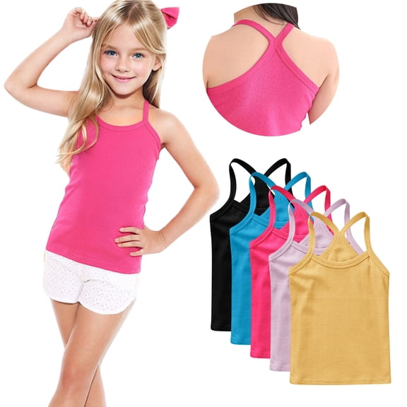 Girls Yellow 100% Cotton Racerback Tank Tops 5-Pack Sleeveless Undershirts for Active Layering,Size 12 T