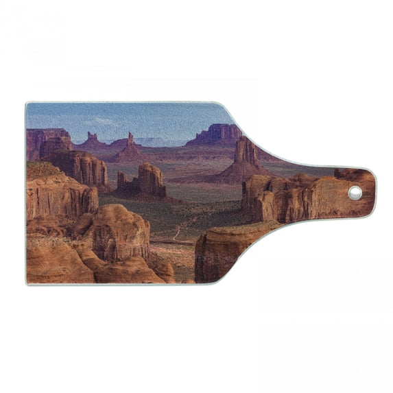 Canyon Cutting Board, View of Deep Canyon with Different Scaled Length Red Rocks Discovery Art Theme, Decorative Tempered Glass Cutting and Serving Board, Wine Bottle Shape, Brown Blue, by Ambesonne