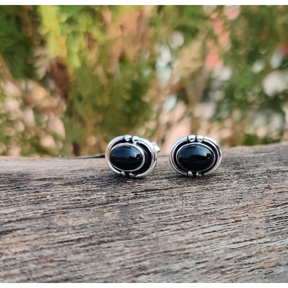 Black Onyx Stud Earrings – 925 Sterling Silver Natural Gemstone Studs for Women, Handmade Minimalist Designer Earrings