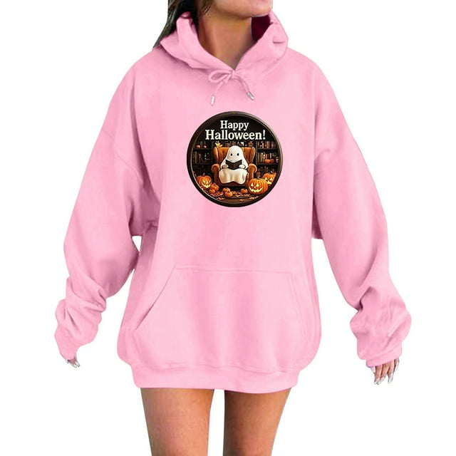 Chandail à Capuche Imprimé Halloween pour Femmes, Manches Longues, Décontracté, Automne Hiver, avec Poche à Cordon