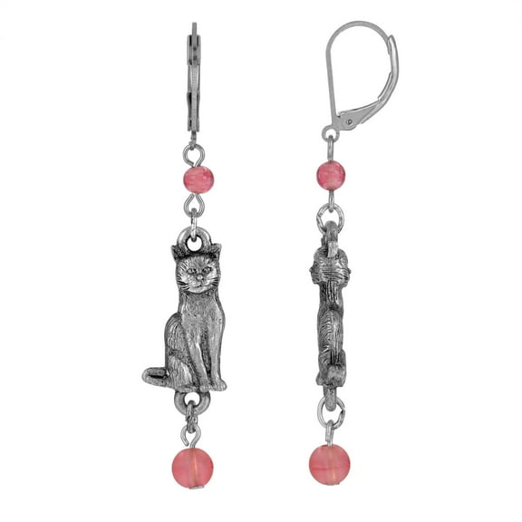 1928 Jewelry Round Smooth Pink Bead Cat Drop Earrings