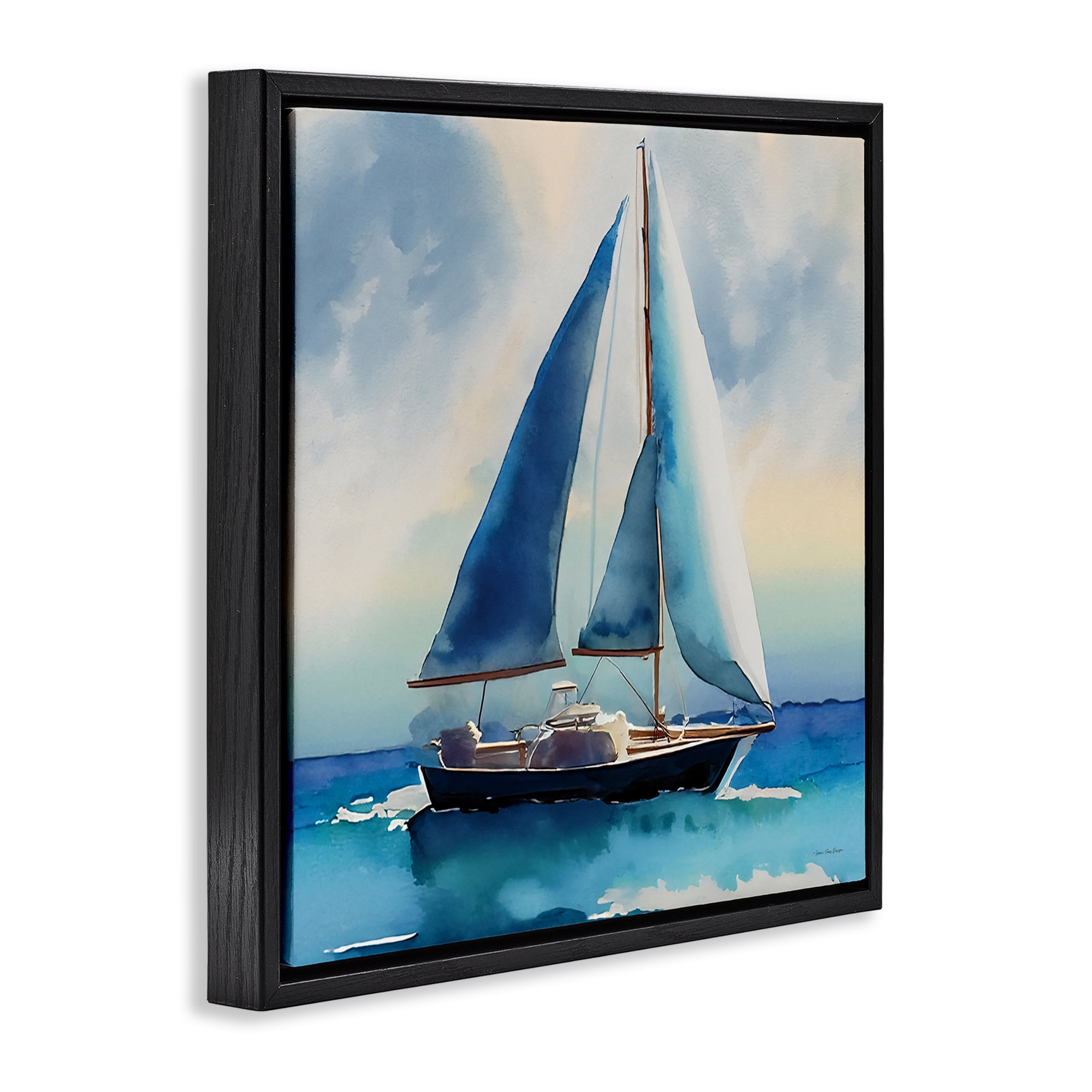 Stupell Industries Watercolor Style Sailboat Nautical & Beach Painting Black Floater Framed Canvas Art Print Wall Art, 18 x 18