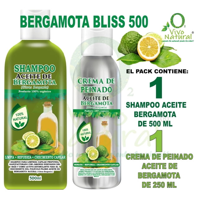 Bergamota Bliss 500 Pack VIVONATURAL. 1 Shampoo Aceite de Bergamota 500 ml + 1 Crema de Peinado Aceite de Bergamota 250 ml VIVONATURAL
