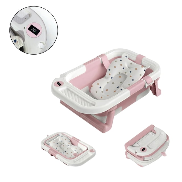 Bañera Tina Baño Bebé Plegable Motek Squash con Termómetro Rosa