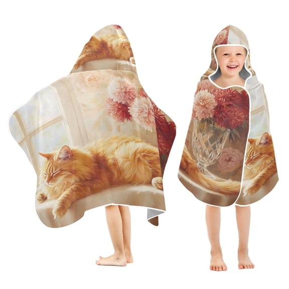 BZSMCE Towels Kids Hooded Beach Towel Cat Sleeping Beside Flowers Pool Bath Towel Soft