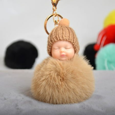 Cute Small Sleeping Baby Doll Fake Fur Fluffy Ball Keychain Bag Key Rings Pendant Ornaments Gifts Color