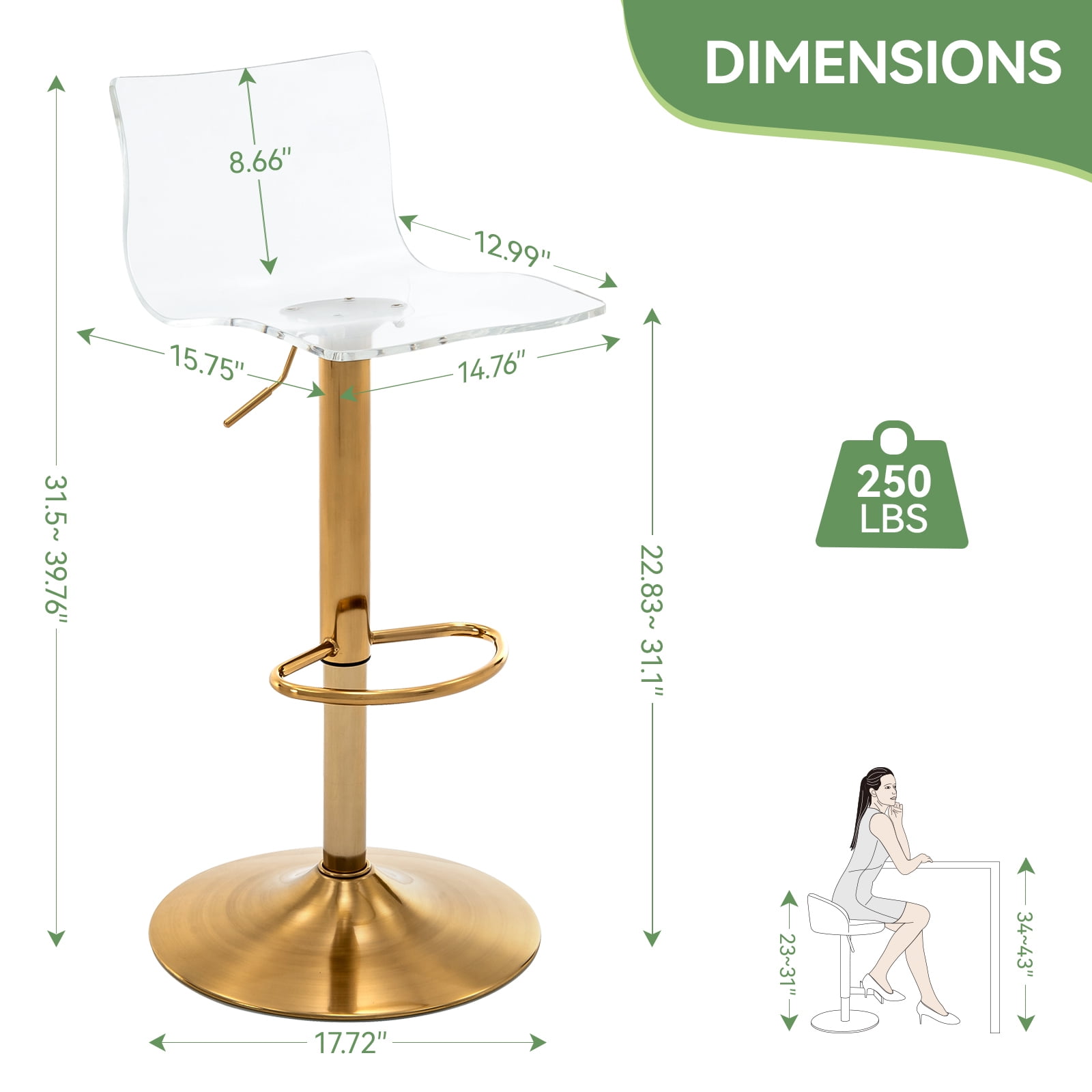 Acrylic Bar Stools Set of 2, Clear Seat Metal Gold Base Barstools, Adjustable 360° Swivel Modern Bar Stool for Kitchen Island, Dining, Bar, Pub