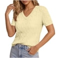 thumbnail image 3 of AHTJRT Women's Sweater Short Sleeve V Neck Lightweight Cable Knit Spring Summer Breathable Work Business Casual Pullover Tops Yellow L, 3 of 7