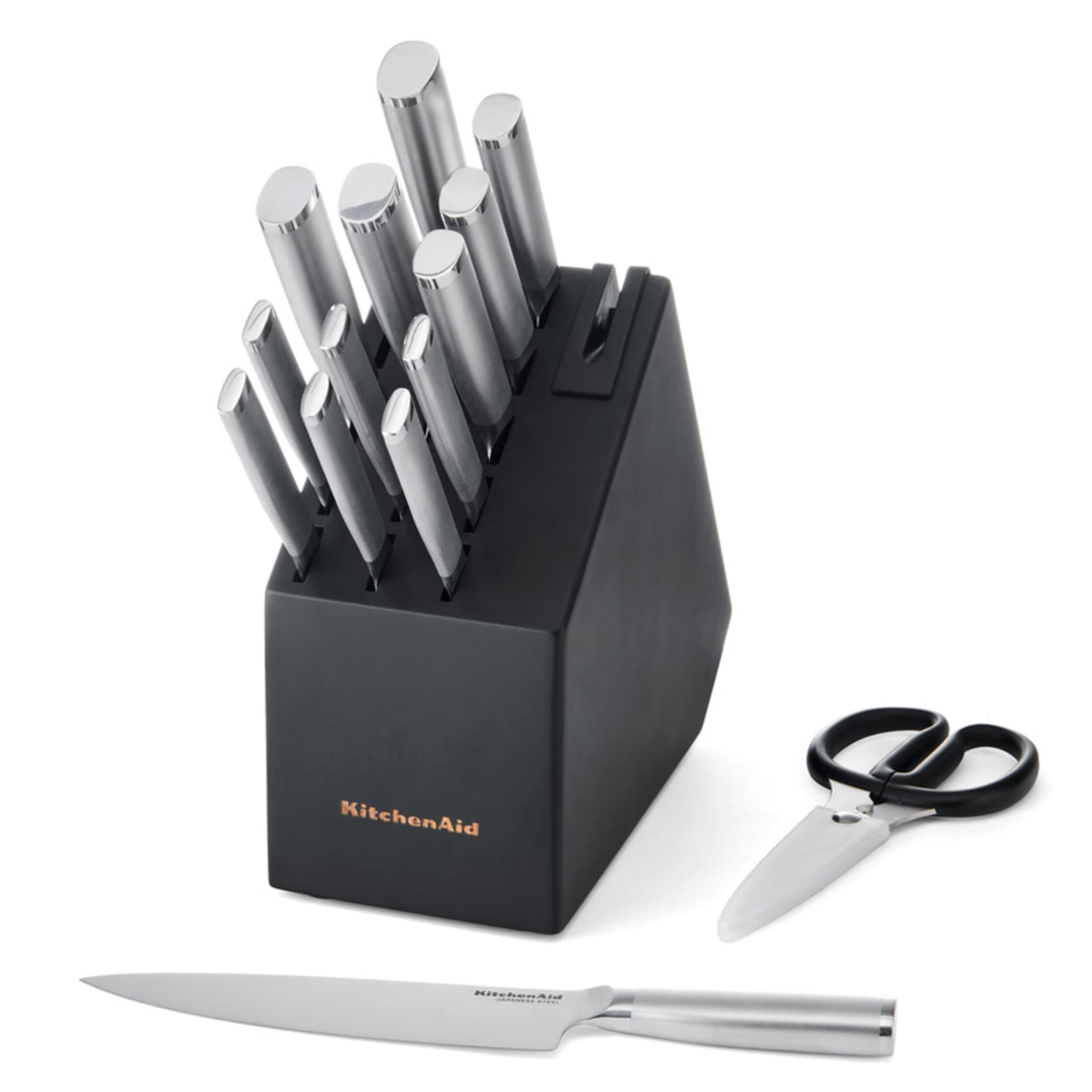 KitchenAid Gourmet 15-Piece Forged Knife Block Set with Sharpener, High-Carbon Steel, Black Slim Block