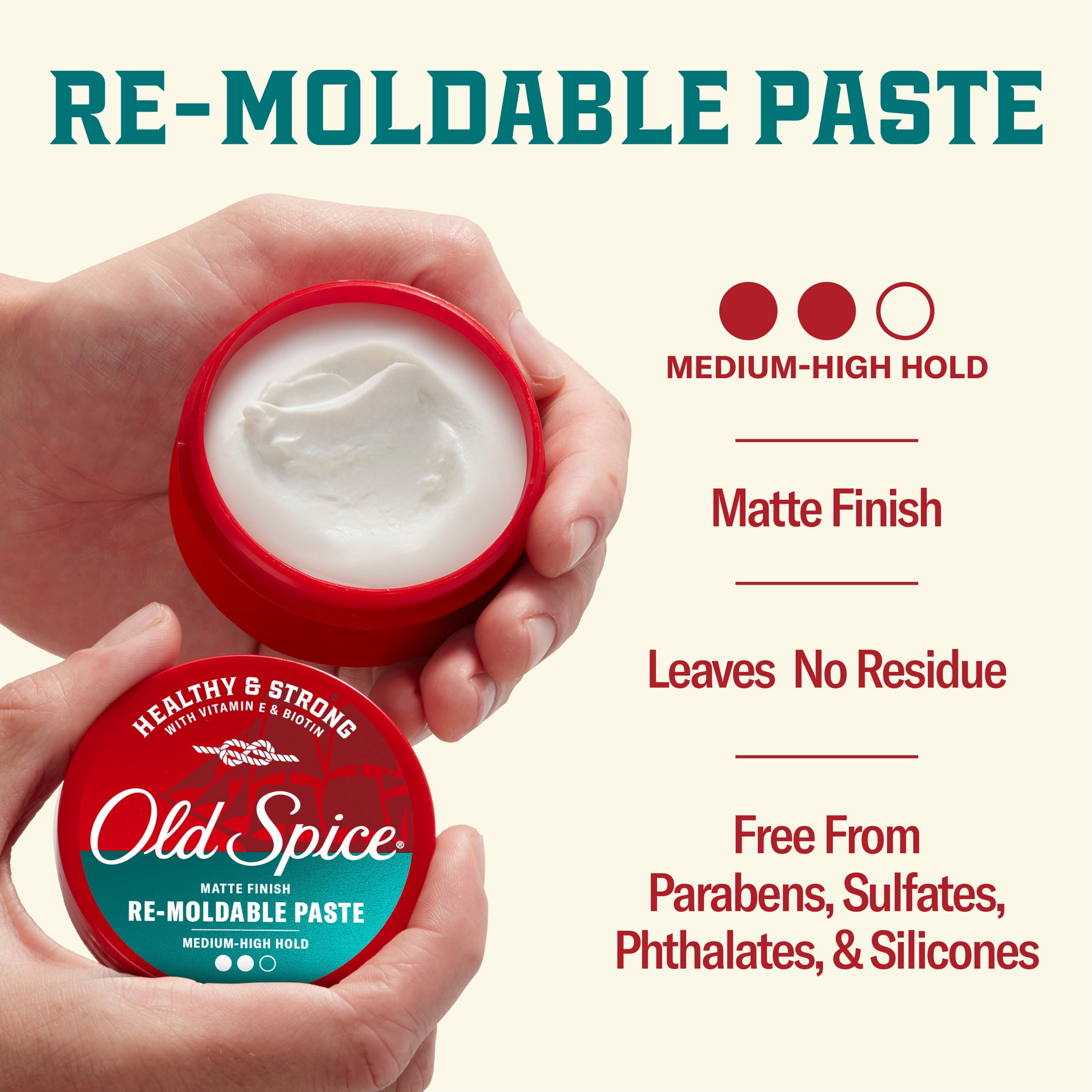 Old Spice Re-Moldable Paste for Men, Healthy and Strong with Vitamin E and Biotin, Men's Hair Styling Paste, Medium-High Hold, Matte Finish, 2.22 oz