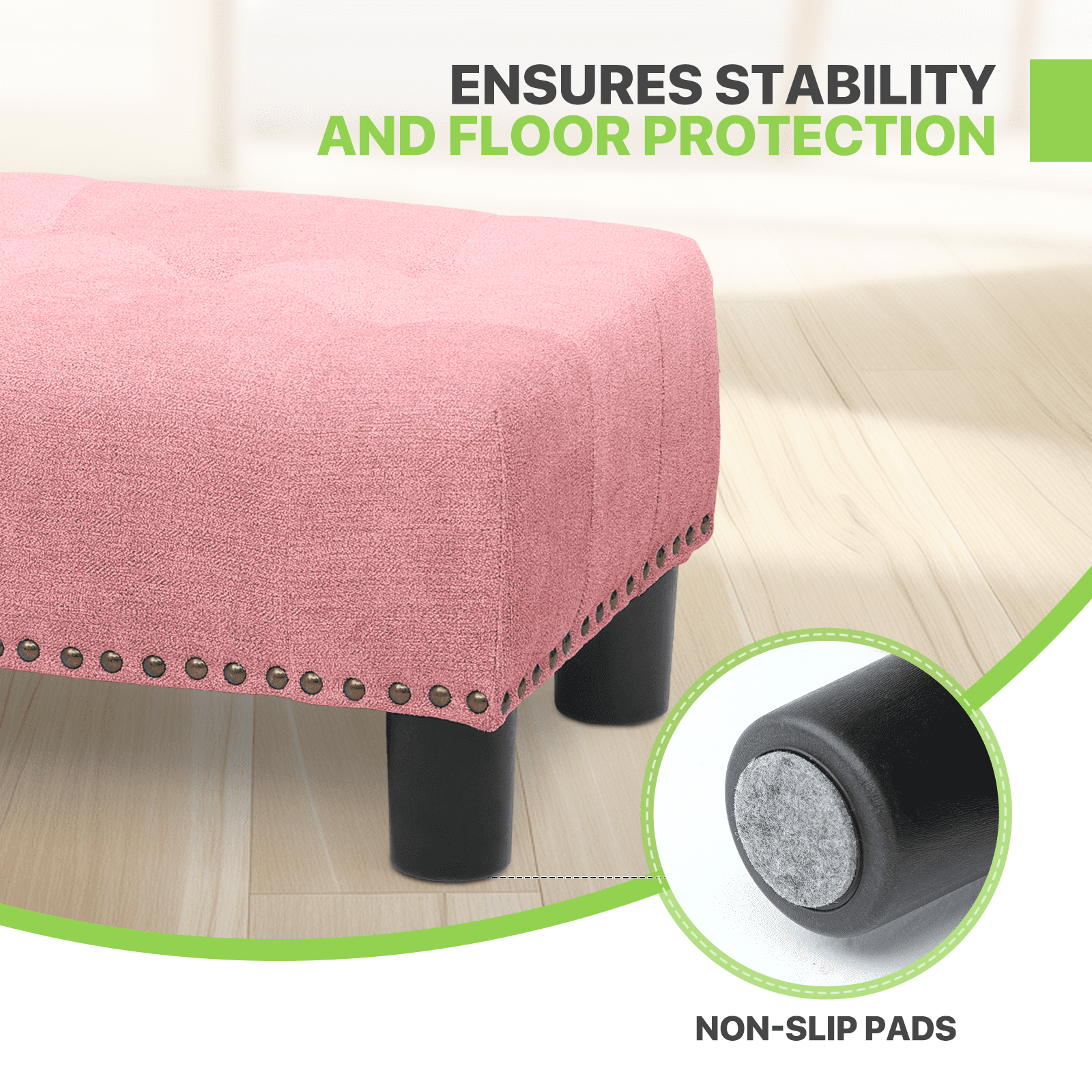 Magshion Foot Stool Ottoman with Padded Seat, Modern Cotton-linen Footrest, Rectangular Seat Stool, Pink