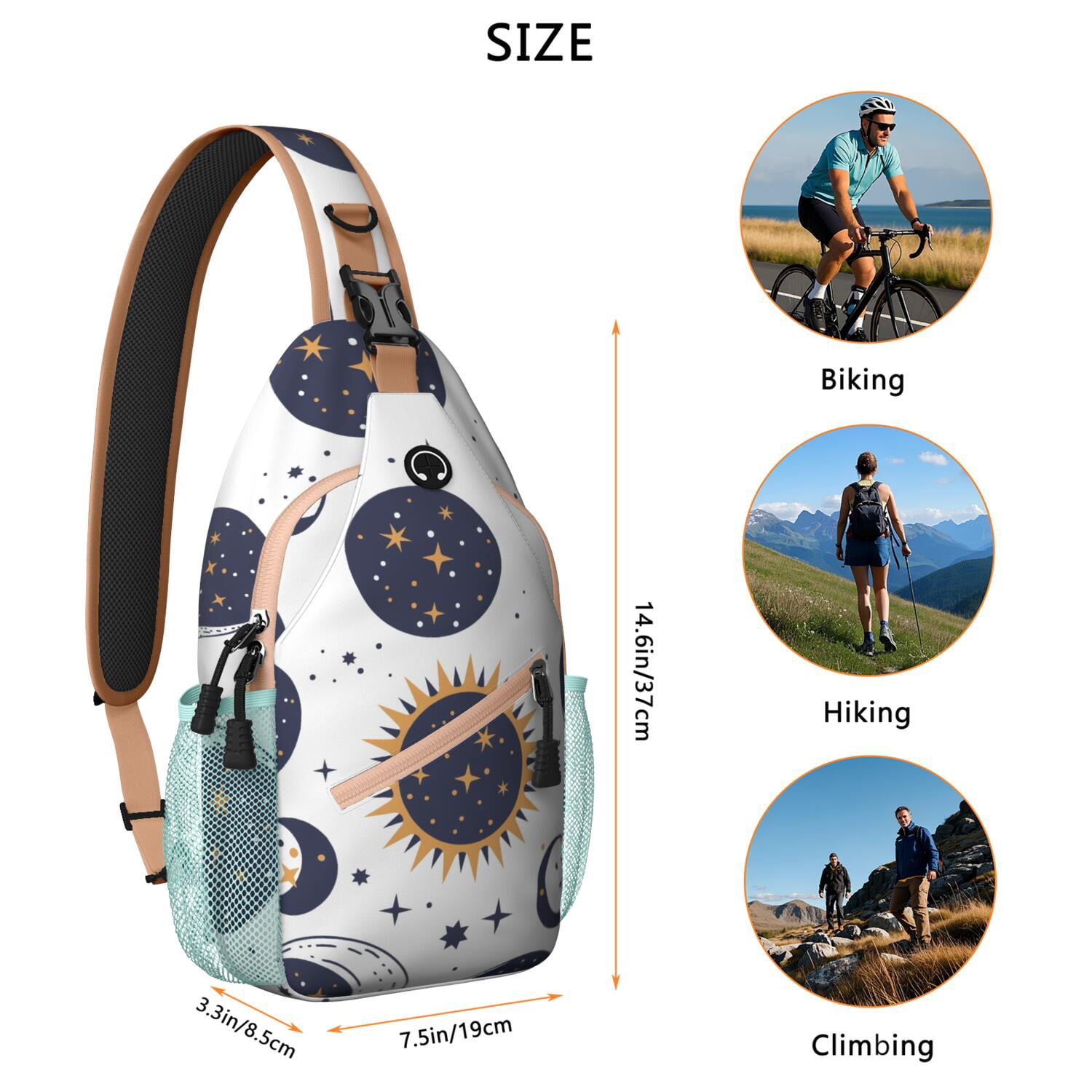 Celestial Sling Bag for Men & Women Gothic Black and Gold Moon Crossbody Bag with Anti-Theft Design Spacious Travel Daypack for Hiking, Biking, Outdoor Adventures