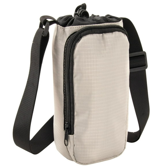 Reusable 16 Oz. Drawstring Closure Water Bottle Carrier Bag with Adjustable Shoulder Strap & Phone Pocket for Glass, Plastic, Stainless Steel Bottles, Walking, Running, Biking & Jogging in Khaki