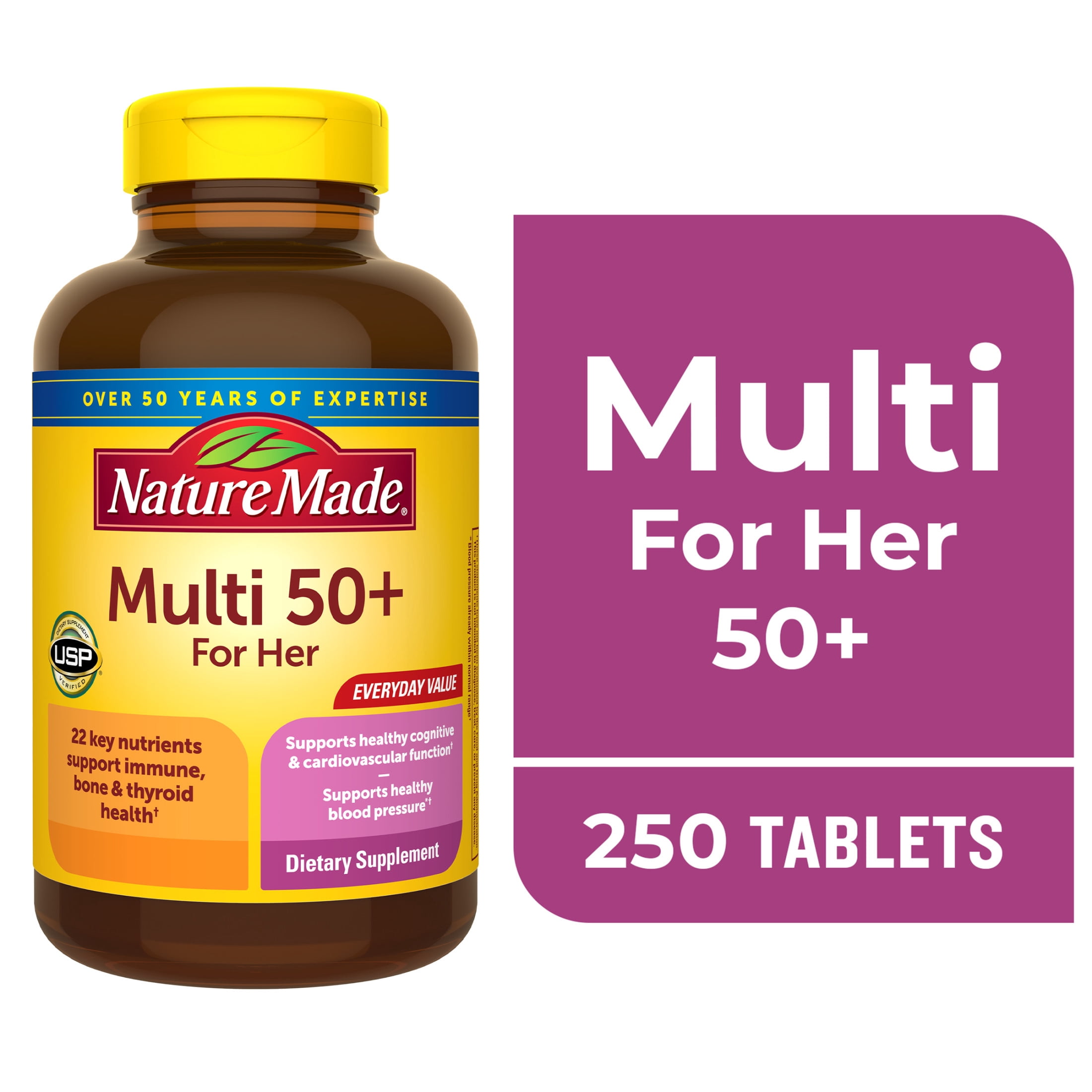(2 pack) Nature Made Multi Vitamin For Women 50+ with No Iron Tablets, Women's Multivitamin, 250 Ct
