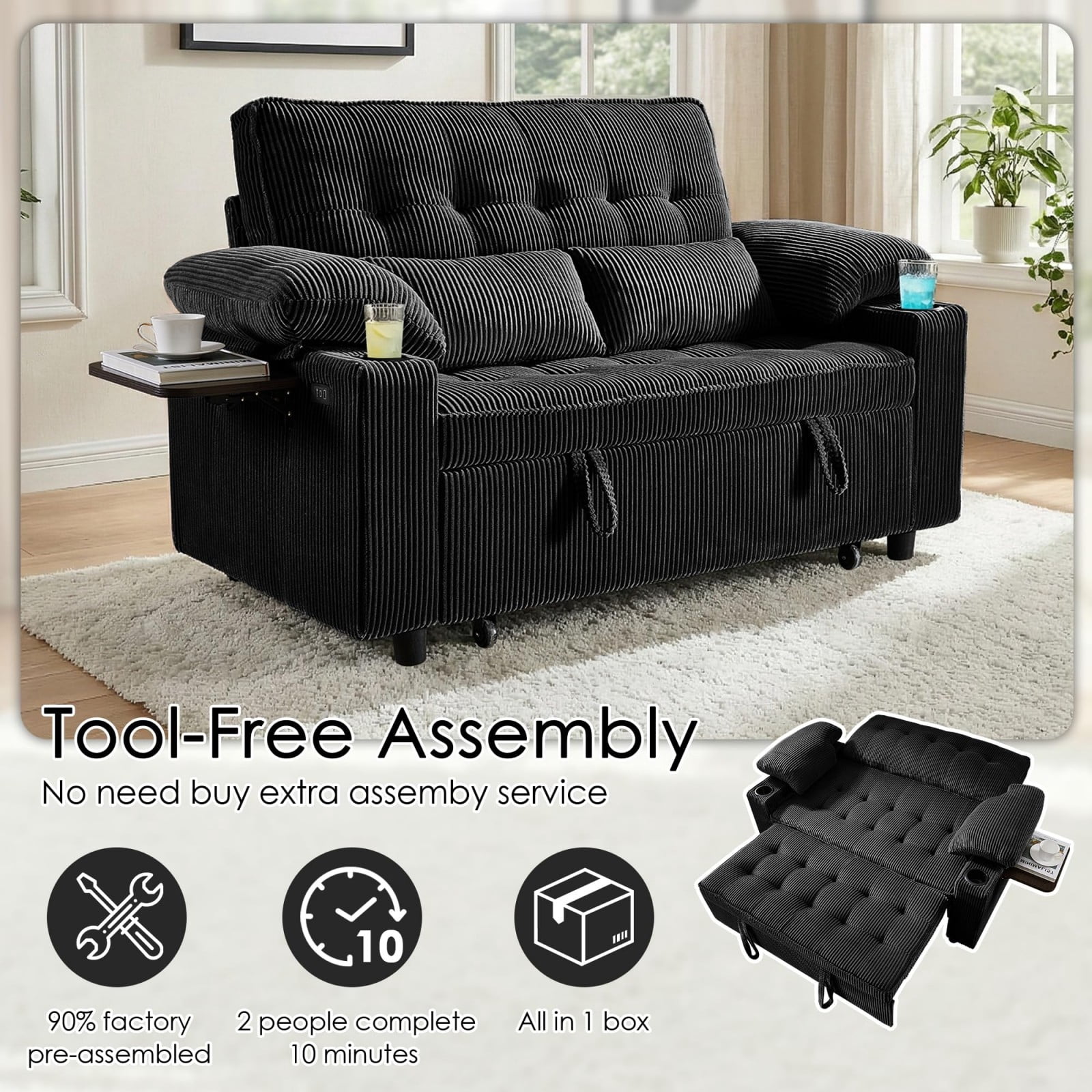 58" Sleeper Sofa Bed, Convertible Pull Out Couch Full Size Loveseat with Corduroy Fabric, USB Charging, Adjustable Backrest for Living Room Apartment Office, Black