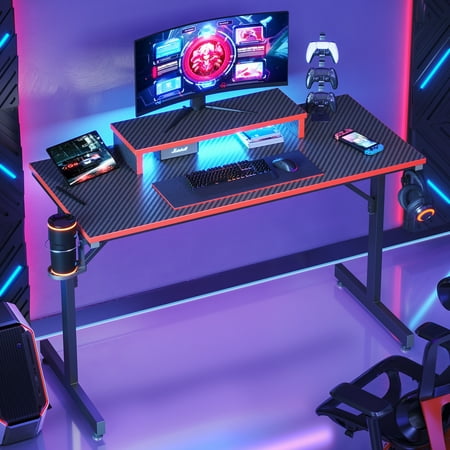 Bestier 42" Gaming Desk PC Computer Office Gamer Table Desk with LED Lights & Monitor Stand & Headphone Hook in Carbon Fiber Red