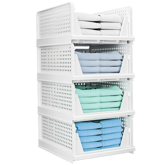 AetherLove 4 Pack Folding Closet Organizers Storage Box, Stackable Storage Bins, Plastic Drawer Basket Closet Storage for Wardrobe Cupboard Kitchen Bathroom Office White