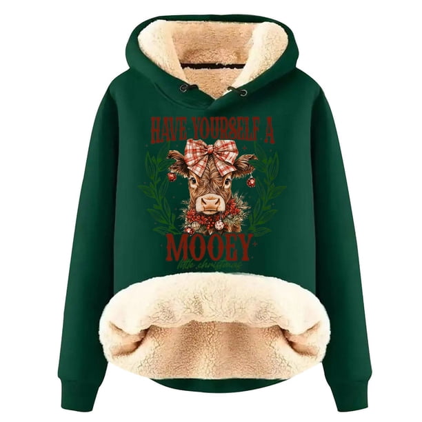 WILLBEST Sudadera con Capucha para Mujer Have Yourself A Mooey Little Christmas, Sudadera con Capucha de Terciopelo Grueso, Cálida y Holgada XX-Grande