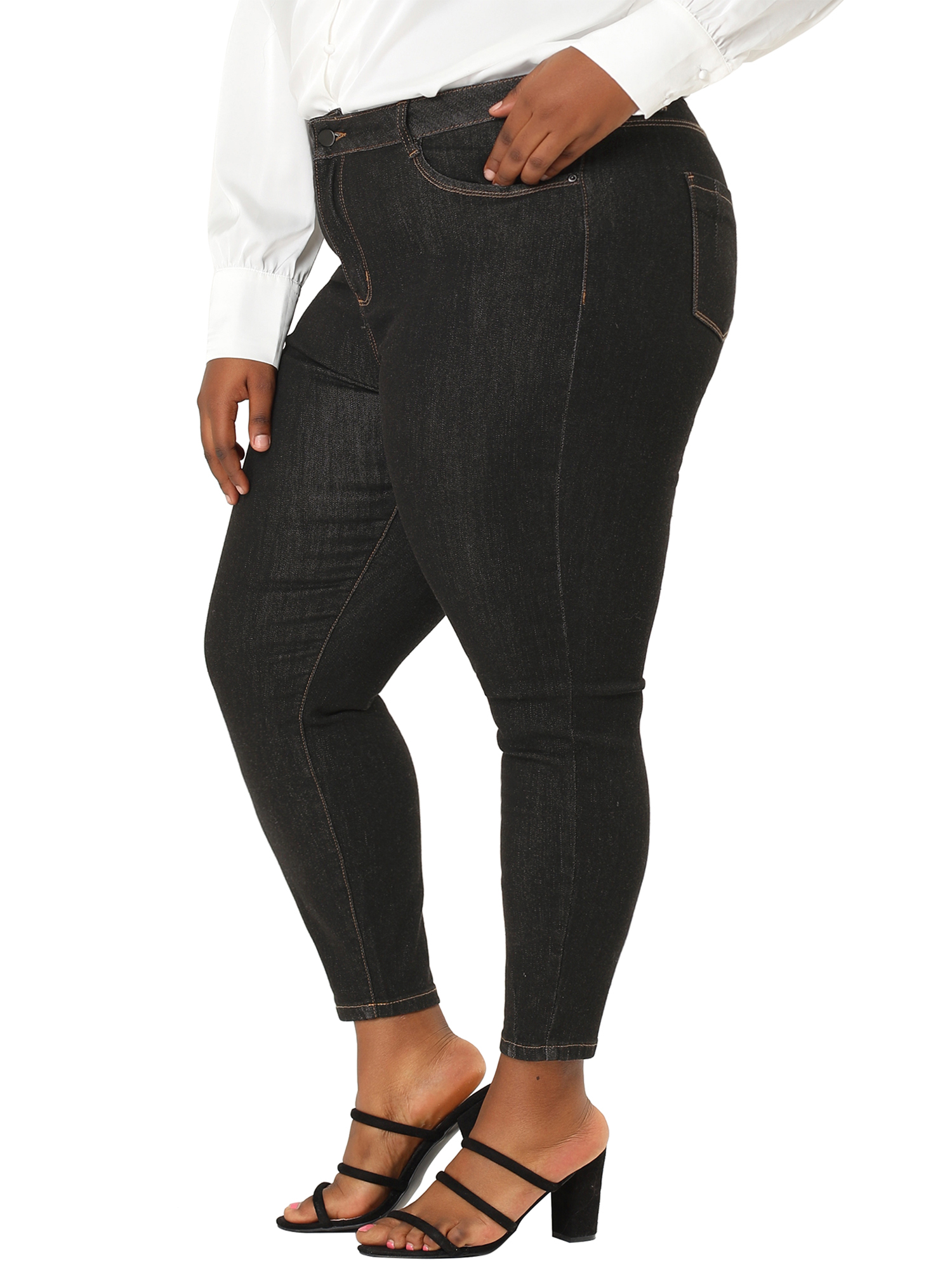 MODA NOVA Junior's Plus Size Jeans Denim Stretch Work Contrast Color Line Skinny Mid Rise Jeans Black 2X - image 4 of 5