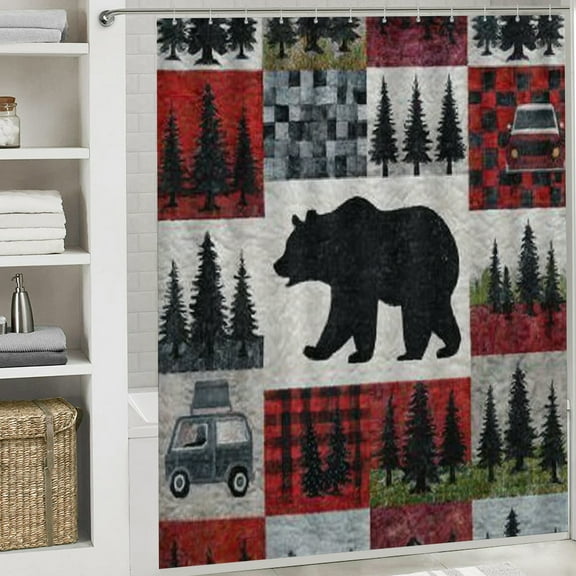 Christmas Shower Curtain,Buffalo Plaid Bear Signs Christmas Curtain with Hooks for Home Bathroom Decor Washable Curtains, 72x72 in