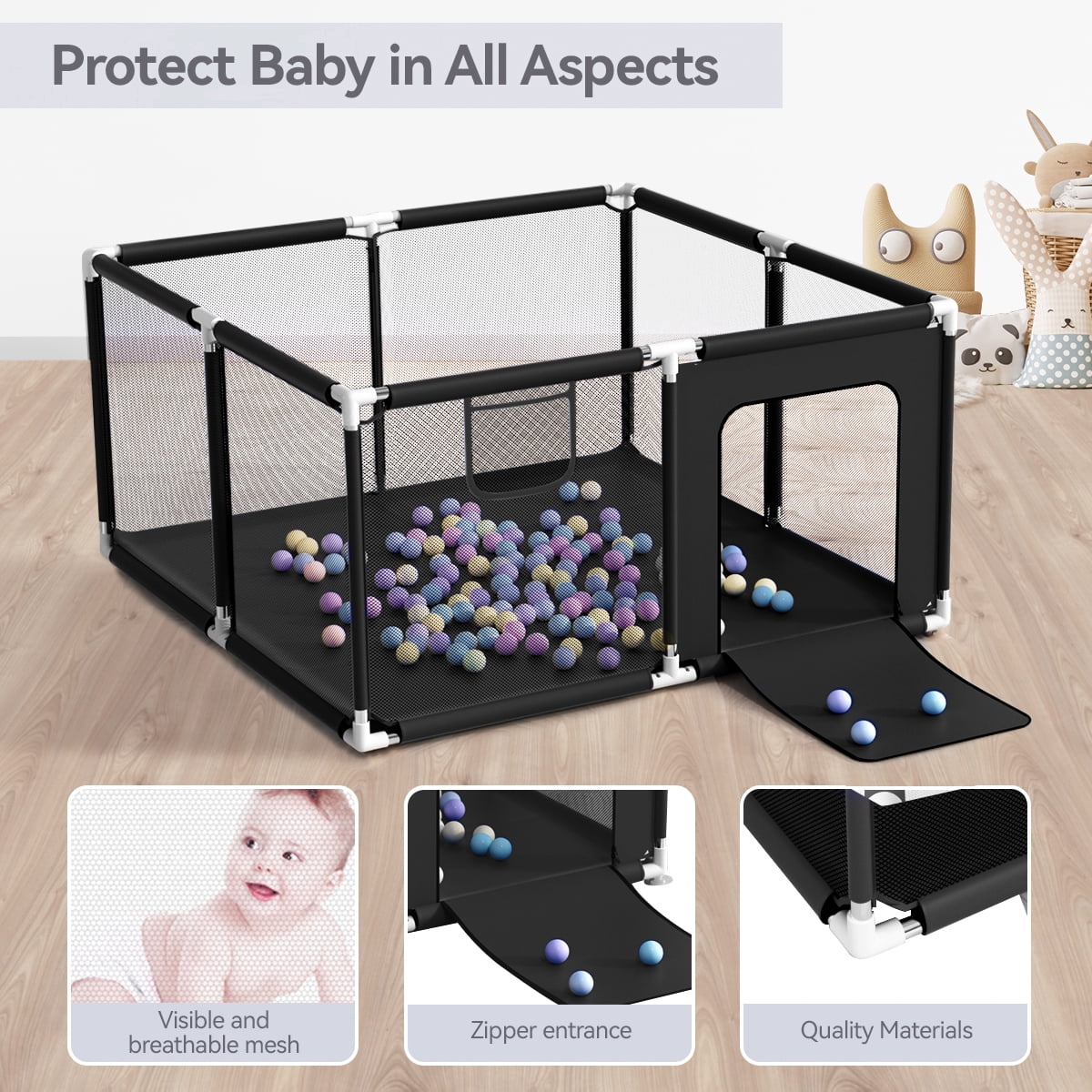Baby Playpen, Outdoor Play Yard, Portable Play Yard 4-Panel- Baby Foldable Safety Playpen for Infant Toddler, Black