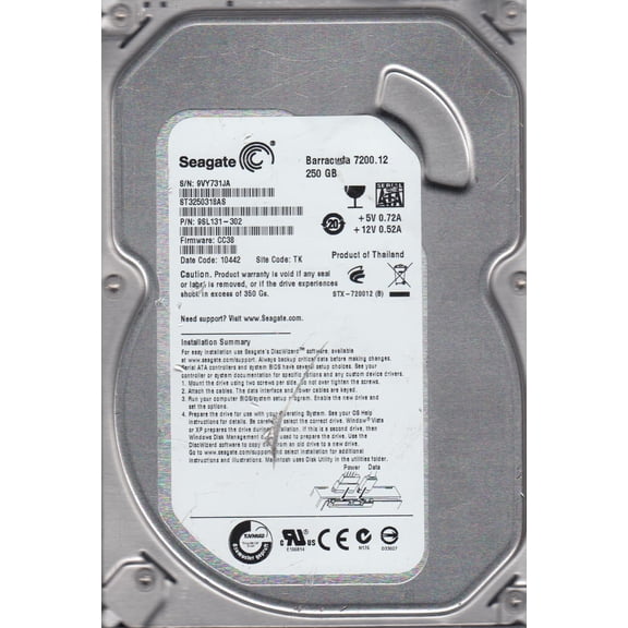 ST3250318AS, 9VY, TK, PN 9SL131-302, FW CC38, Seagate 250GB SATA 3.5 Hard Drive