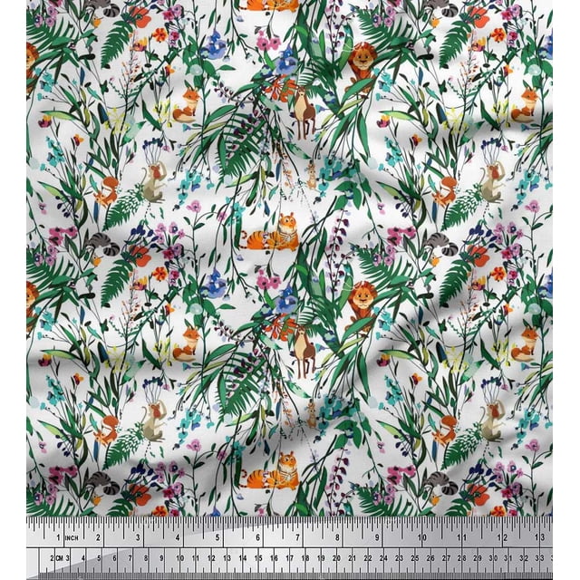 Soimoi Polyester Crepe Fabric Leaves & Cartoon Animals Jungle Decor Fabric Printed Yard 52 Inch Wide